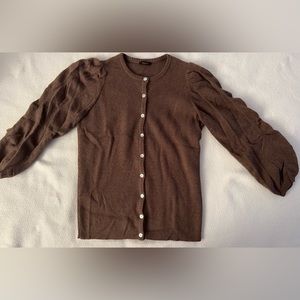 Tocca cardigan sweater. shell buttons. Rouched 3/4 sleeves. Wool blend.